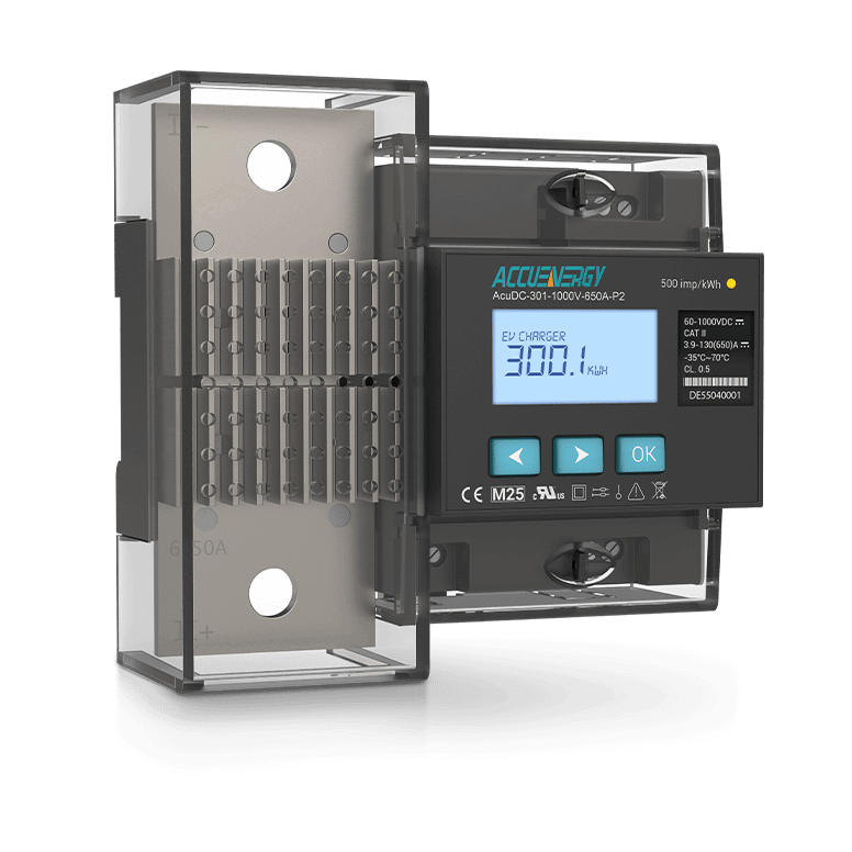 Front-right angled view of the AcuDC 300 EV charging meter.