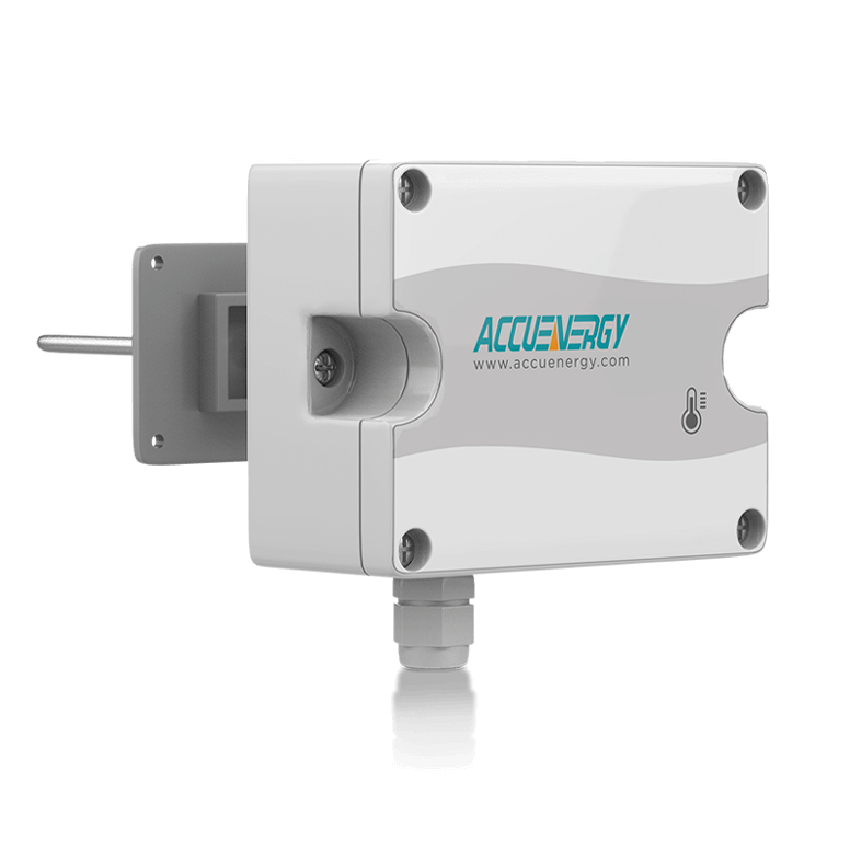 Front-right angled view of the AcuTEMS DM duct mount temperature sensor