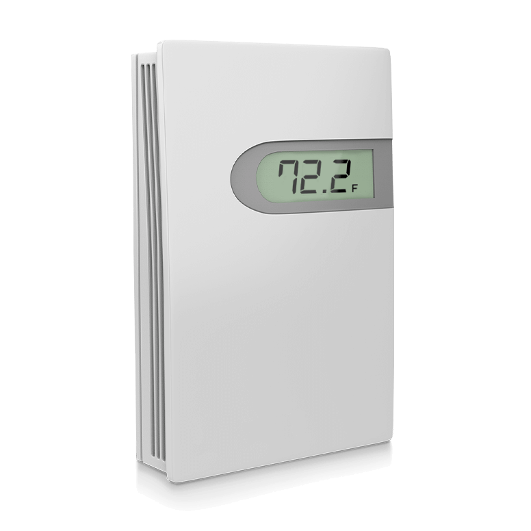 Front-right angled view of the AcuTEMS RM room mount temperature sensor