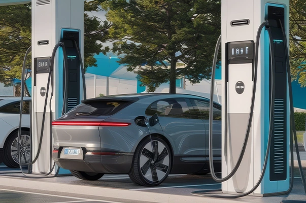 EVs parked at a public charging station, connected to a charger outdoors near trees.