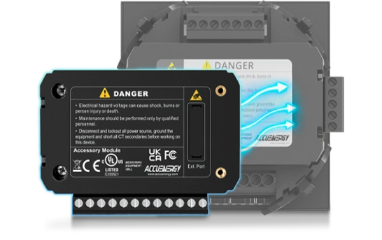 Depiction of Front View of AXM-IO4 Module Attaching to Acuvim II Series Meter