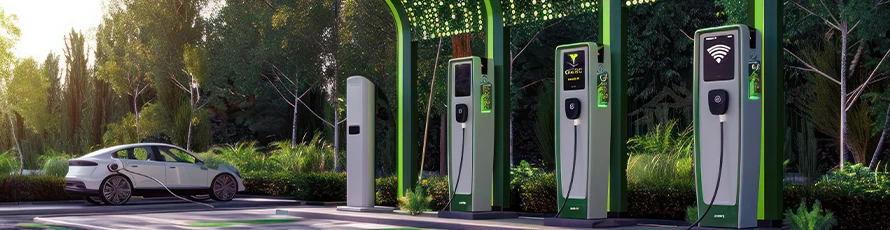 An EV parked at a public charging station with multiple chargers installed outdoors near trees.